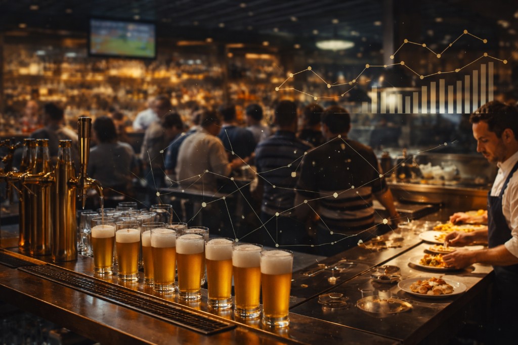 Horeca-interieur met bar, gasten en visuele data-overlays: inkoop en rendement in de horeca